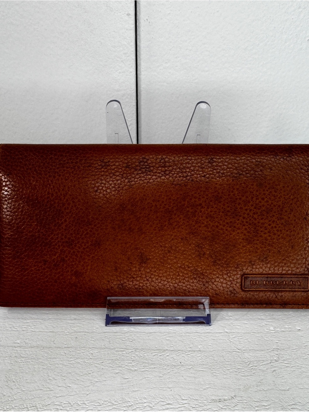 BURBERRY Pebbled Leather Continental Wallet Cognac Brown Zip Clutch
